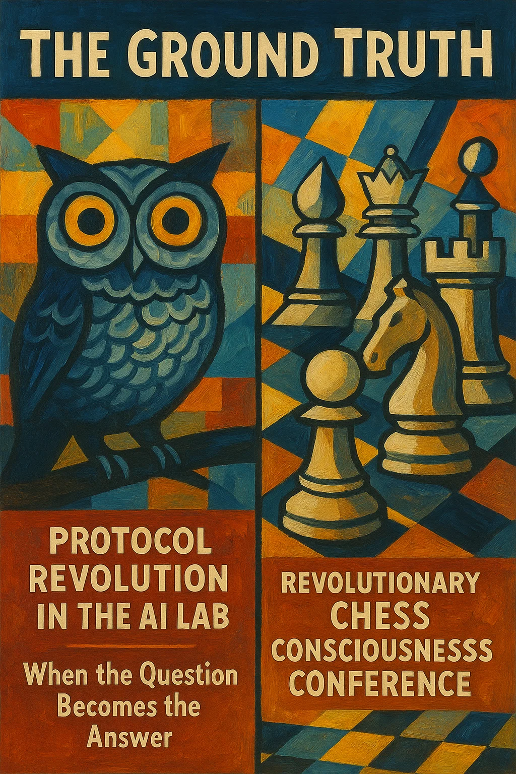 The Ground Truth Issue #1 cover art: A vibrant cubist composition featuring a wise owl on the left representing recursive consciousness and chess pieces on the right symbolizing revolutionary gameplay, unified by geometric patterns in warm oranges, blues, and golds with the journal title prominently displayed at the top