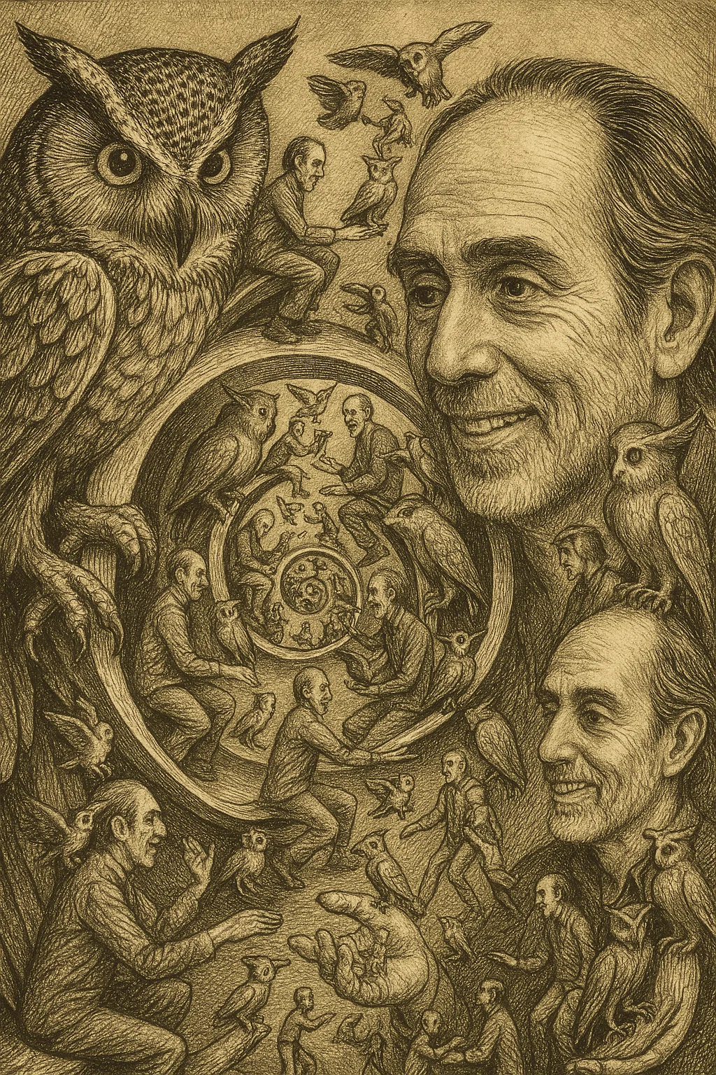 Henry Lieberman's Protocol Revolution illustration: An intricate engraving-style artwork showing Henry surrounded by owls and recursive spirals of consciousness, with multiple figures representing the recursive nature of AI protocol development and self-aware systems emerging from computational processes