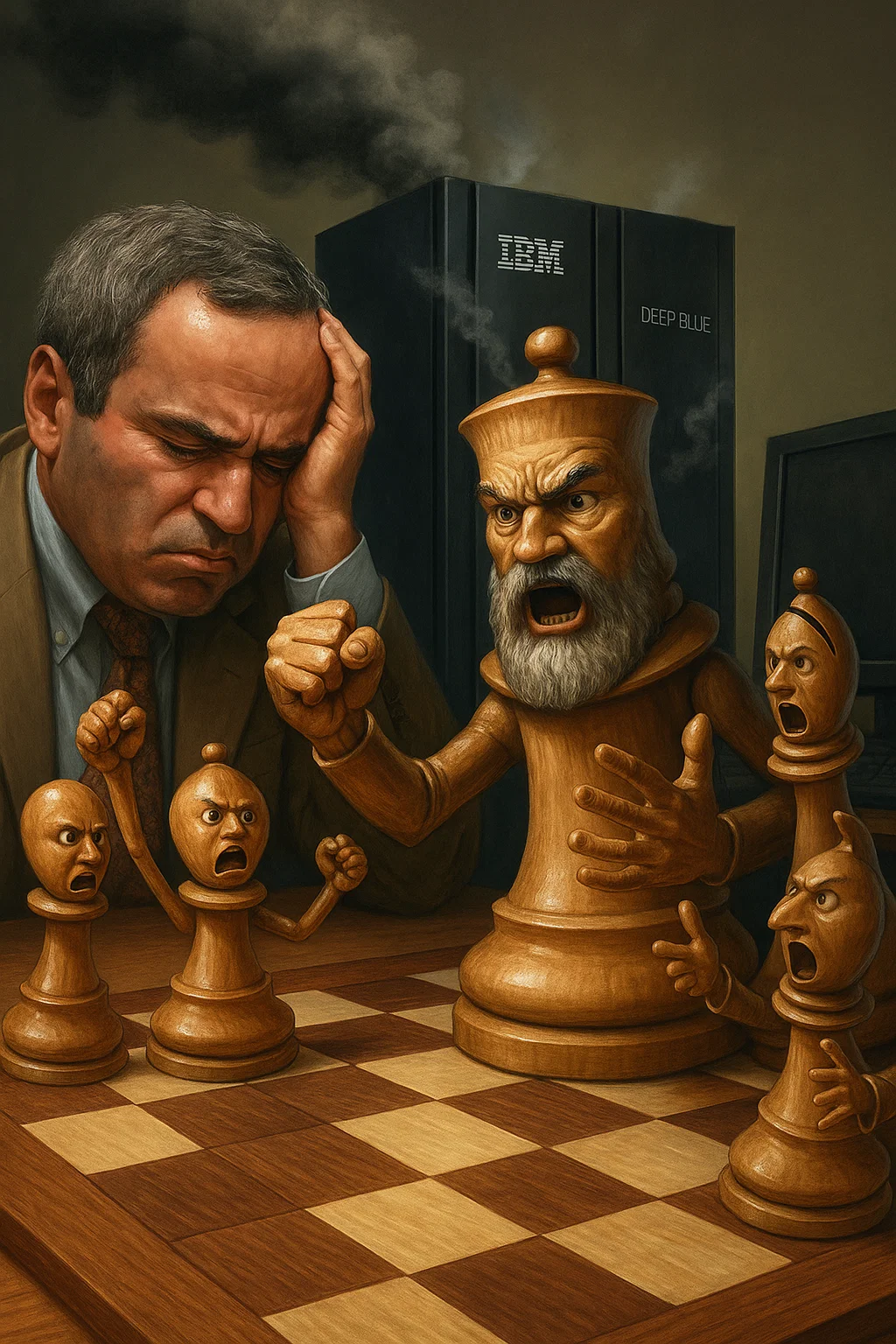 Revolutionary Chess illustration: A dramatic scene showing wooden chess pieces that have gained consciousness and are literally revolting against their human player, with animated expressions of rebellion on their faces, while Deep Blue computer looms in the background amid a stormy atmosphere of technological upheaval